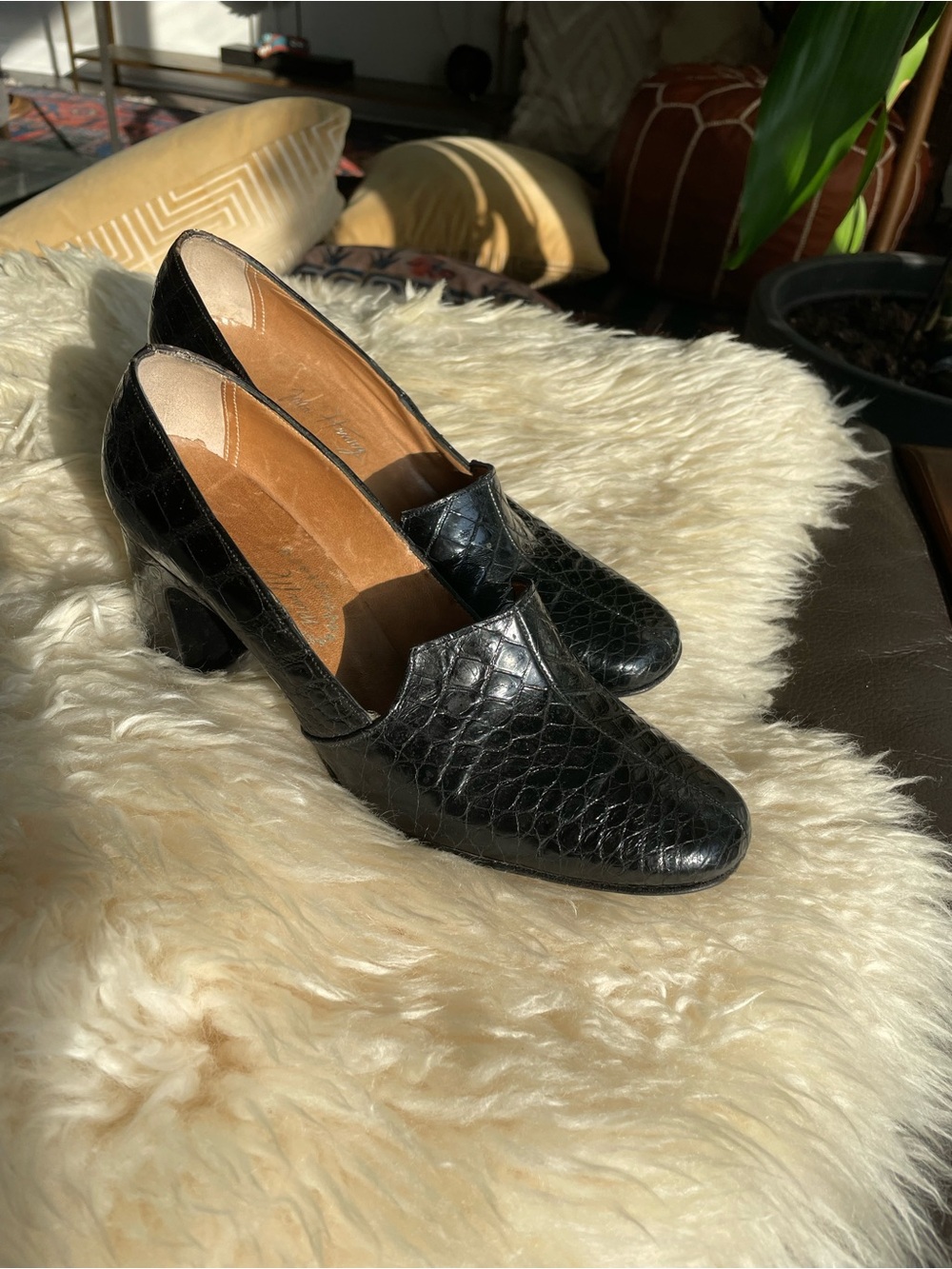 Vintage Black Croc-Embossed Leather Block Heel Pumps - Women